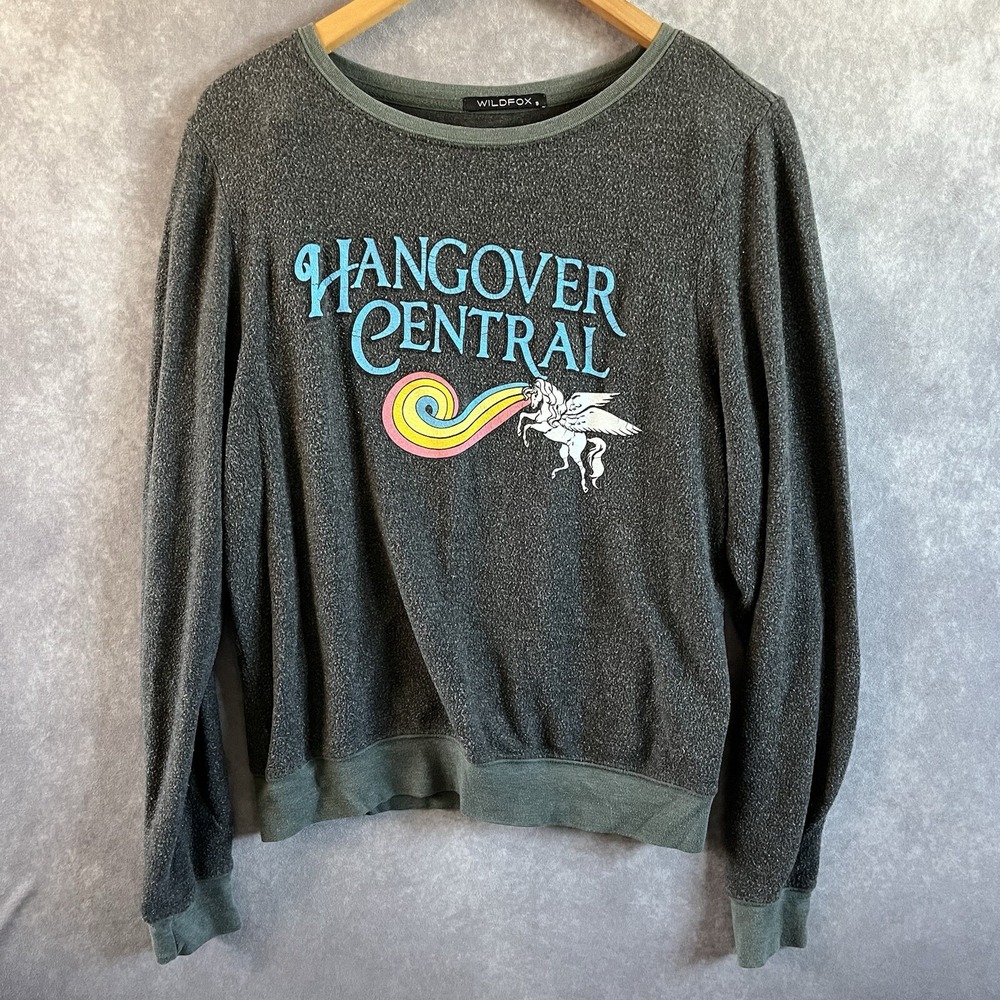 Wildfox Hangover Central Sweatshirt Women Small Gray Pegasus Rainbow Graphic Top